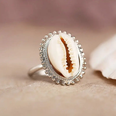 cowrie-halo-bead-ring-cowrie ring-shell ring-beaded caorie ring-golden cowrie ring