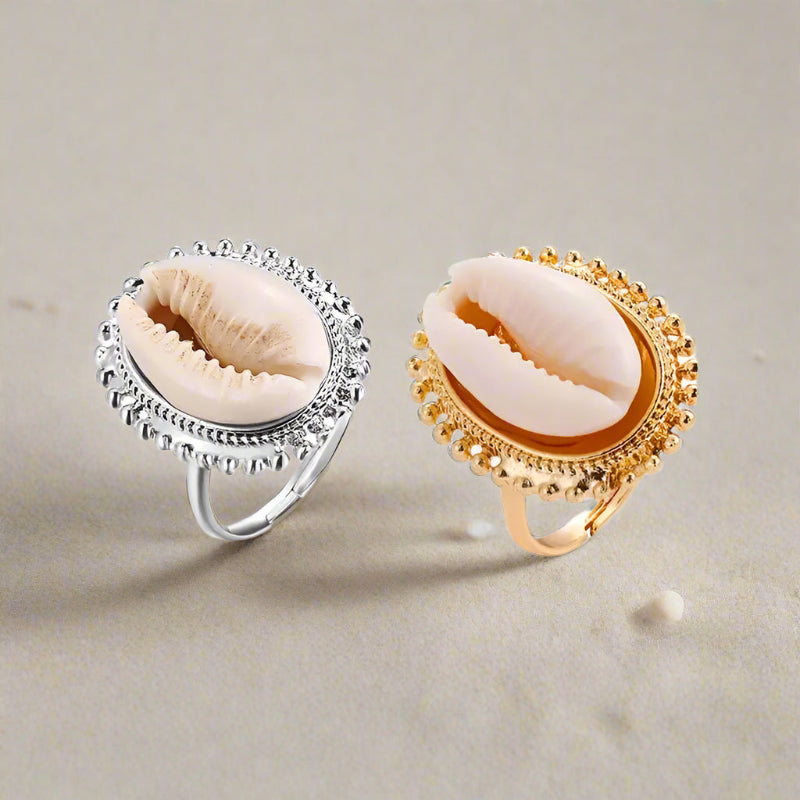 cowrie-halo-bead-ring-cowrie ring-shell ring-beaded cowrie ring-golden cowrie ring-shell jewelry-beach outfit ring-beach style-boho style-bohemian jewelry