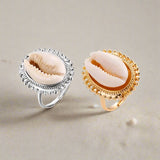 cowrie-halo-bead-ring-cowrie ring-shell ring-beaded cowrie ring-golden cowrie ring-shell jewelry-beach outfit ring-beach style-boho style-bohemian jewelry