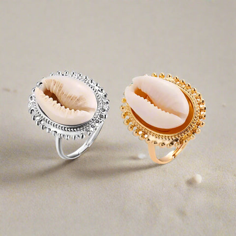 cowrie-halo-bead-ring-cowrie ring-shell ring-beaded caorie ring-golden cowrie ring