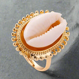 cowrie-halo-bead-ring-cowrie ring-shell ring-beaded cowrie ring-golden cowrie ring-shell jewelry-beach outfit ring-beach style-boho style-bohemian jewelry