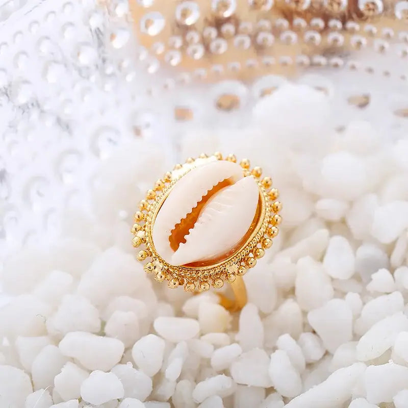 cowrie-halo-bead-ring-cowrie ring-shell ring-beaded cowrie ring-golden cowrie ring-shell jewelry-beach outfit ring-beach style-boho style-bohemian jewelry
