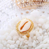 cowrie-halo-bead-ring-cowrie ring-shell ring-beaded cowrie ring-golden cowrie ring-shell jewelry-beach outfit ring-beach style-boho style-bohemian jewelry