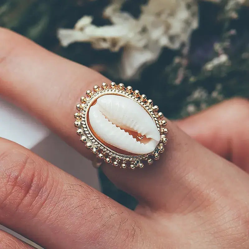 cowrie-halo-bead-ring-cowrie ring-shell ring-beaded cowrie ring-golden cowrie ring-shell jewelry-beach outfit ring-beach style-boho style-bohemian jewelry