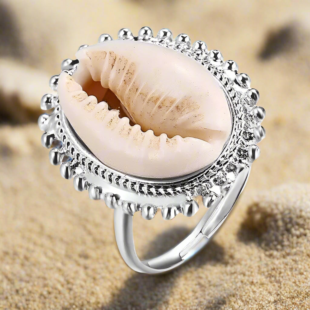 cowrie-halo-bead-ring-cowrie ring-shell ring-beaded cowrie ring-golden cowrie ring-shell jewelry-beach outfit ring-beach style-boho style-bohemian jewelry