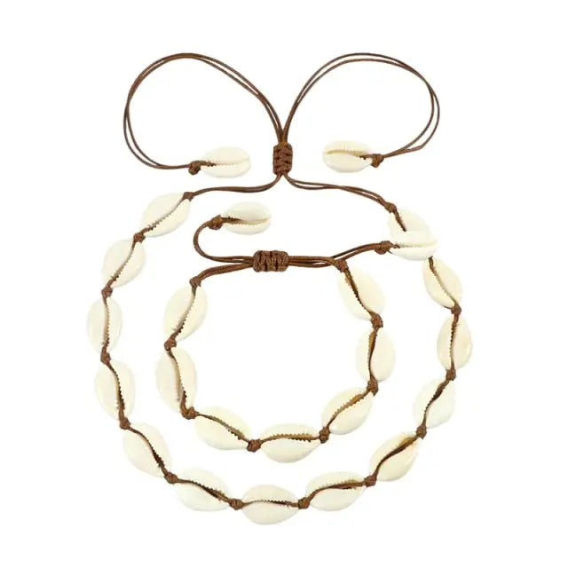 Cowrie Necklace and Bracelet Set - Brown