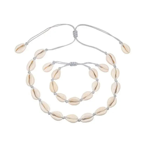 Cowrie Necklace and Bracelet Set - Grey