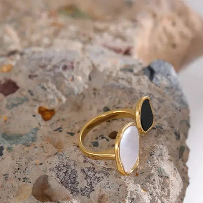 Dual Tone Shell Inlay Ring - Golden nacre ring-nacre shell ring-motherof pearl golden ring dual stone