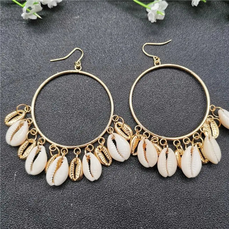 Gold and White Cowrie Earrings