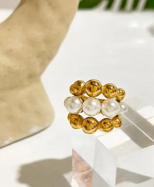 Gold Beaded Cluster Pearl Ring-shell ring-shell jewelry-boho style-bohemian jewelry-wedding style ring
