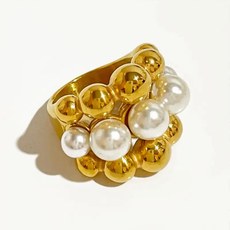 Gold Beaded Cluster Pearl Ring