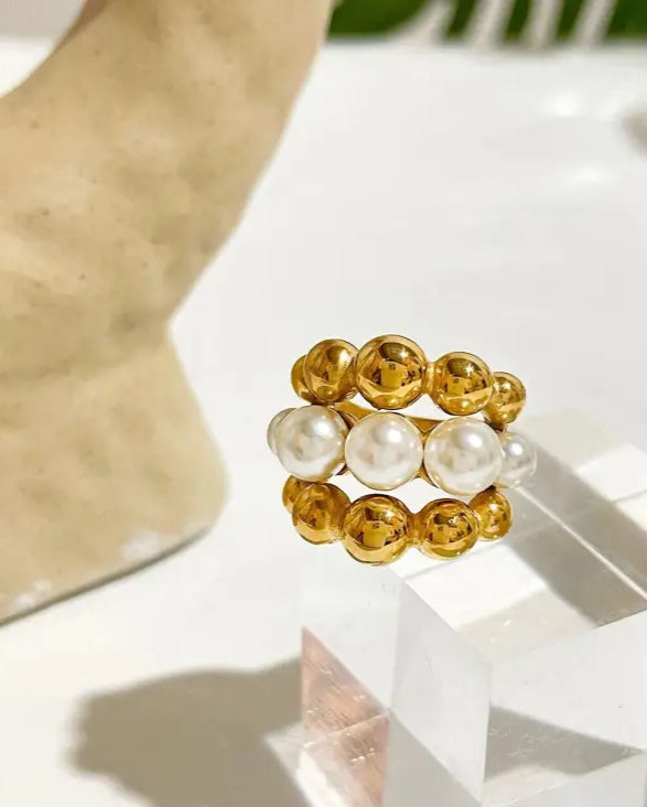 Gold Beaded Cluster Pearl Ring-shell ring-shell jewelry-boho style-bohemian jewelry-wedding style ring
