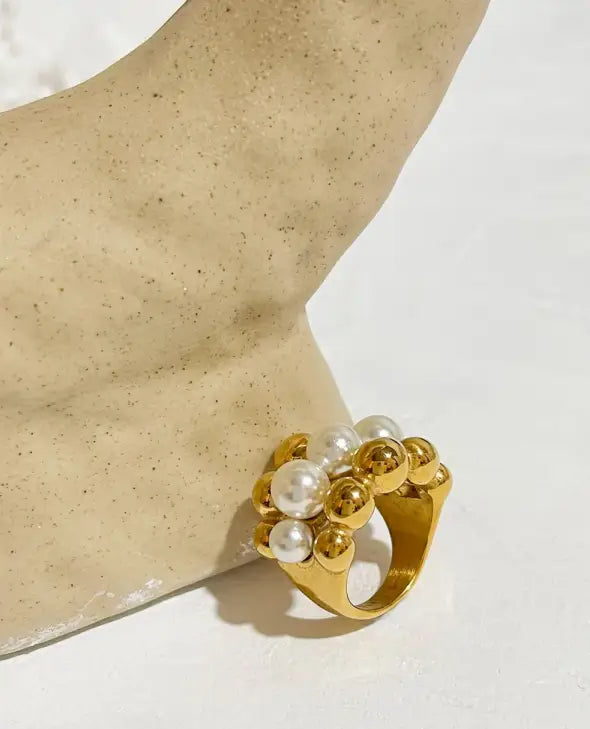 Gold Beaded Cluster Pearl Ring-shell ring-shell jewelry-boho style-bohemian jewelry-wedding style ring
