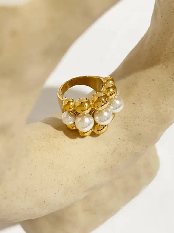 Gold Beaded Cluster Pearl Ring-shell ring-shell jewelry-boho style-bohemian jewelry-wedding style ring
