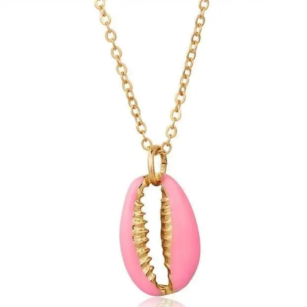 Gold Necklace with Pink Cowrie Pendant
