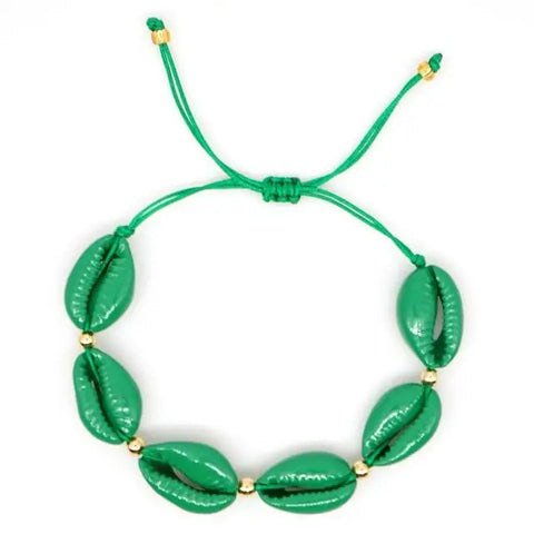 Green Seashell Bracelet with Cord - Dark