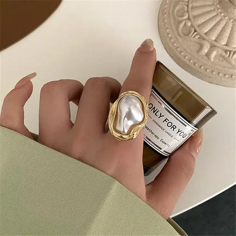 Heterotypic Pearl Ring - geometric pearl ring-pearl ring-golden pearl ring-gold pearl ring