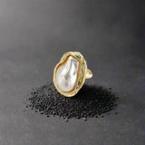 Heterotypic Pearl Ring - geometric pearl ring-pearl ring-golden pearl ring-gold shell ring-shell jewelry-beach outfit ring-beach style-boho style-bohemian jewelry-wedding style ring