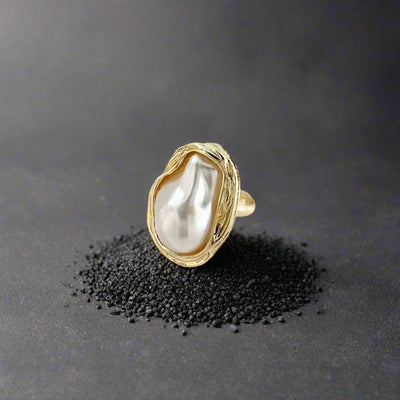 Heterotypic Pearl Ring - geometric pearl ring-pearl ring-golden pearl ring-gold pearl ring