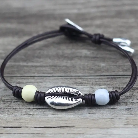 Men’s Silver Seashell Bracelet with Black Cord