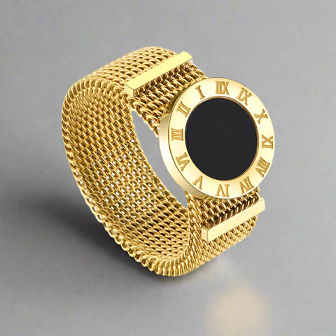 Mesh Band Shell Dial Ring-golden shell ring- shell rin-black shell ring-shell jewelry