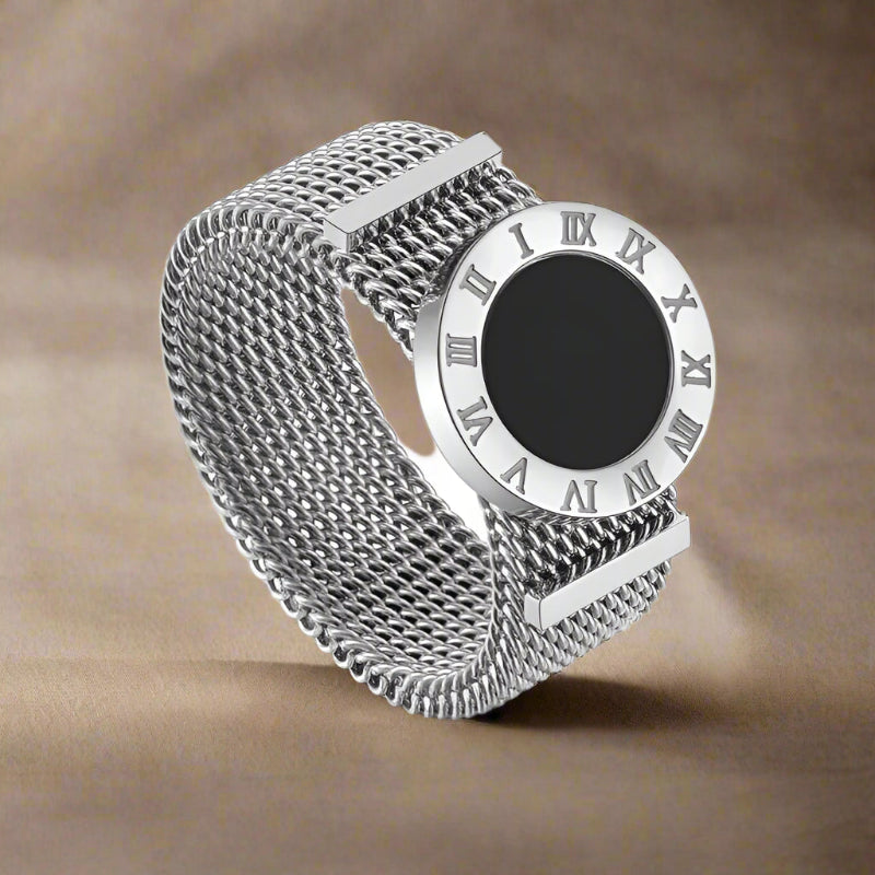 Mesh Band Shell Dial Ring-silver shell ring- shell rin-black shell ring-shell jewelry-beach outfit ring-beach style-boho style-bohemian jewelry-wedding style ring
