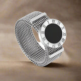 Mesh Band Shell Dial Ring-silver shell ring- shell rin-black shell ring-shell jewelry-beach outfit ring-beach style-boho style-bohemian jewelry-wedding style ring
