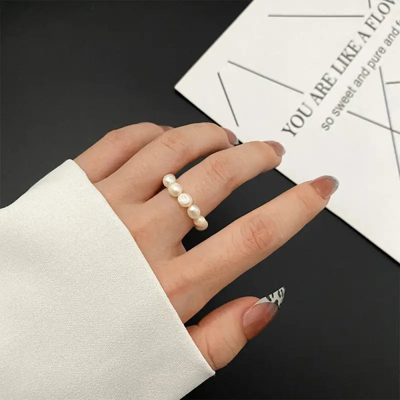 Minimalist Pearl Elegance Ring-beaded pearl ring-pearl ring--shell ring-shell jewelry-beach outfit ring-beach style-boho style-bohemian jewelry-wedding style ring
