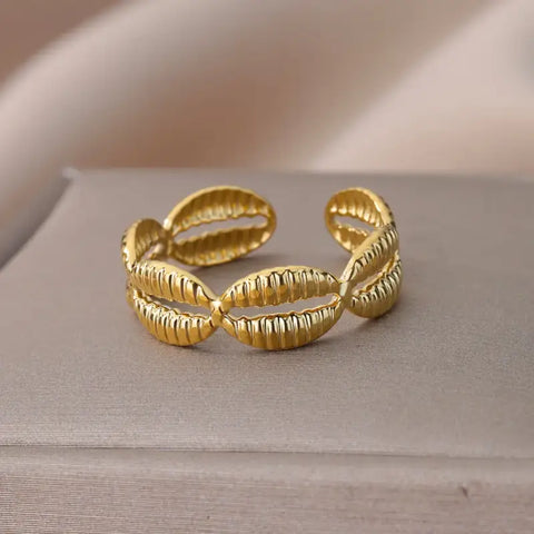 Multi Shell Gold Ring - 18k plated / United States resizable-golded cowrie ring-cowrie ring- shell ring