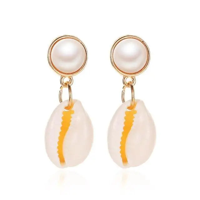 Pearl and Cowrie Earrings - Gold