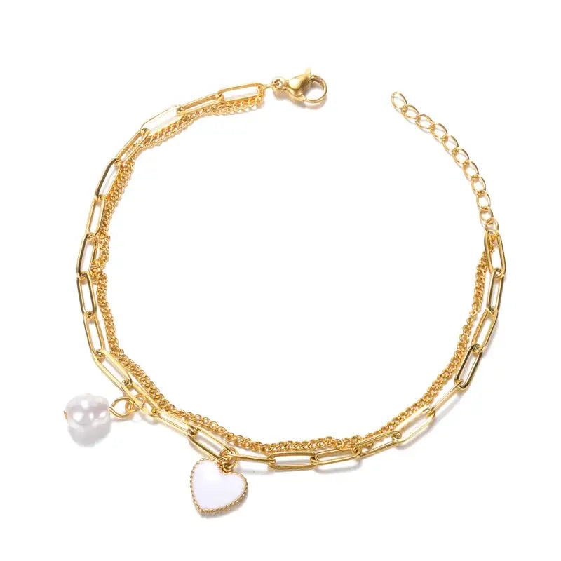  pearl heart layered  bracelet-shell bracelet -shell jewelry-pearl bracelet-boho chic style-bohemian jewelry