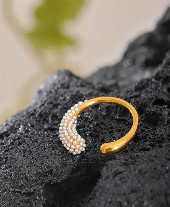 Pearly Bead Open Cuff Ring- pearl ring-gold ring-shell ring-shell jewelry-beach outfit ring-beach style-boho style-bohemian jewelry-wedding style ring
