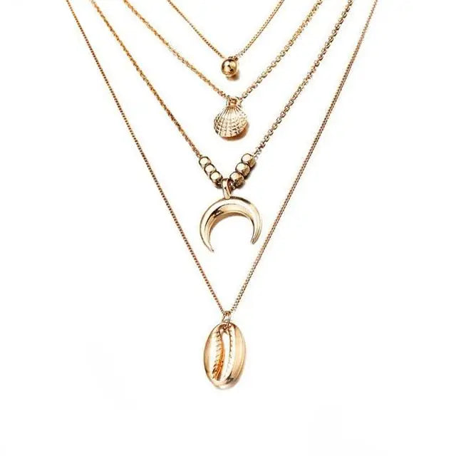 Seashell Long Necklace with Triple Gold Pendant