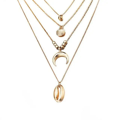 Seashell Long Necklace with Triple Gold Pendant