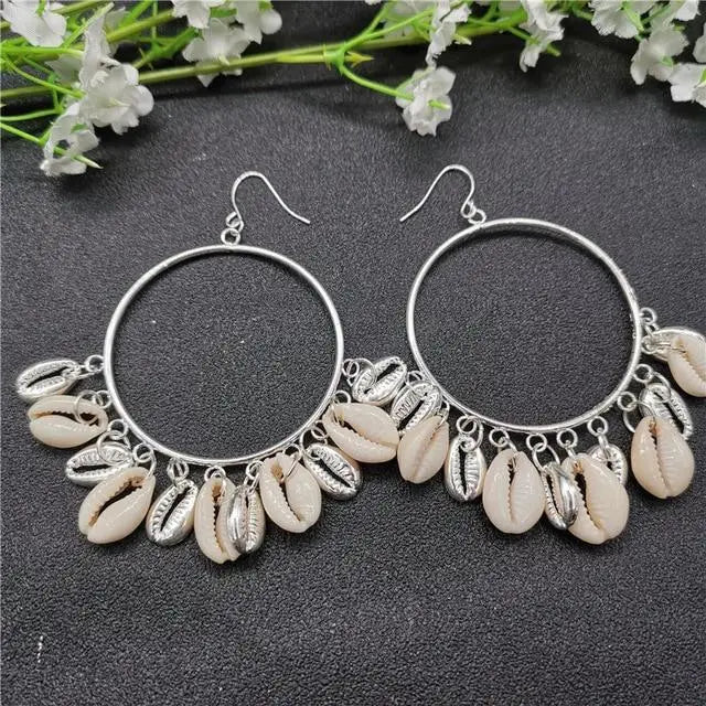 Silver Hoop Earrings with White Cowrie Shells