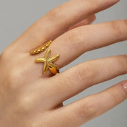 Starfish & Shell Duo Ring-golden starfish and clamshell ring-shell ring