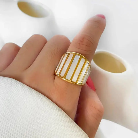 Stripe Shell Ring-Shiny Stripe Shell Ring-shiny-golden shell ring