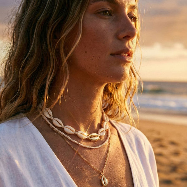 Woman on a beach wearing shell necklaces at sunset
