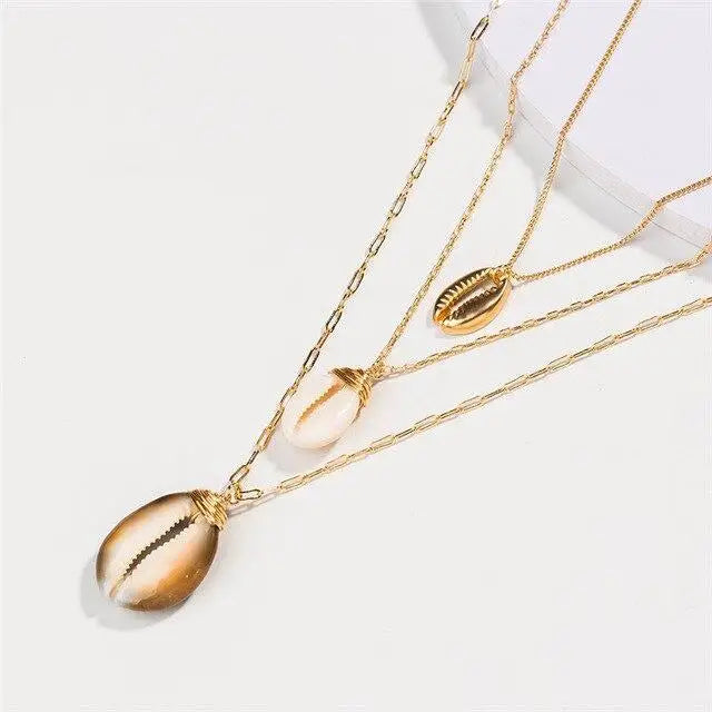 Triple Row Gold Cowrie shell Necklace