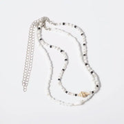 White Choker Necklace with Black Pearls Set