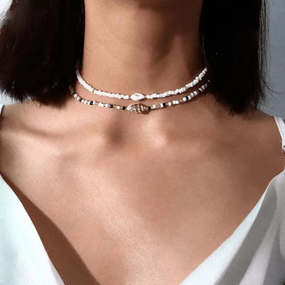 White Choker Necklace with Black Pearls Set