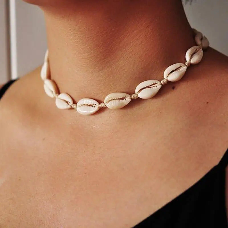 White Cowrie Shell Choker Necklace with Knot