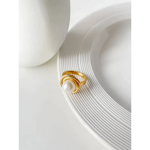 Wrapped Pearl Rin-golden pearl ring- shell ring